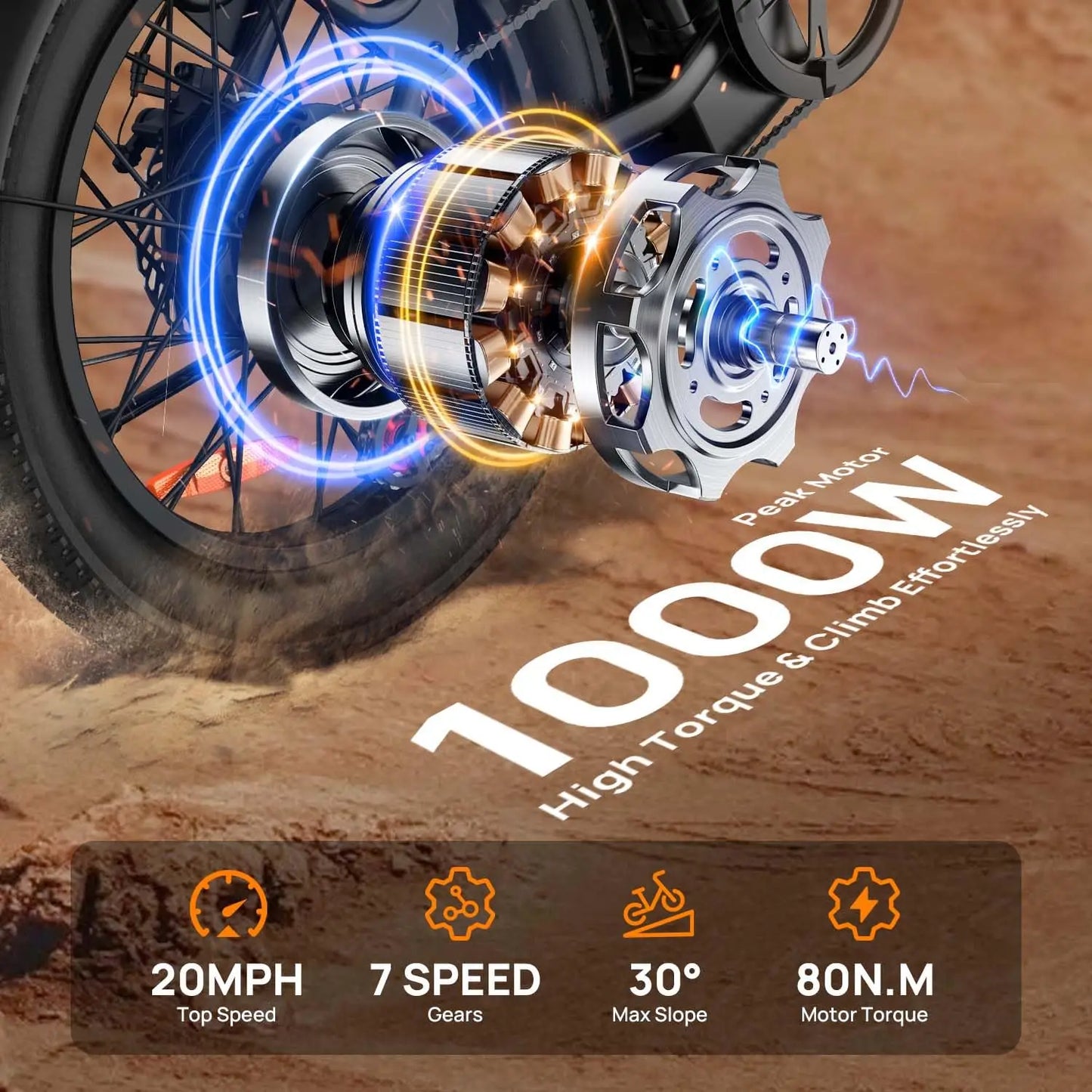 1000W E20 Electric Bike 48V Battery 20x3 Fat Tire 7 Speed