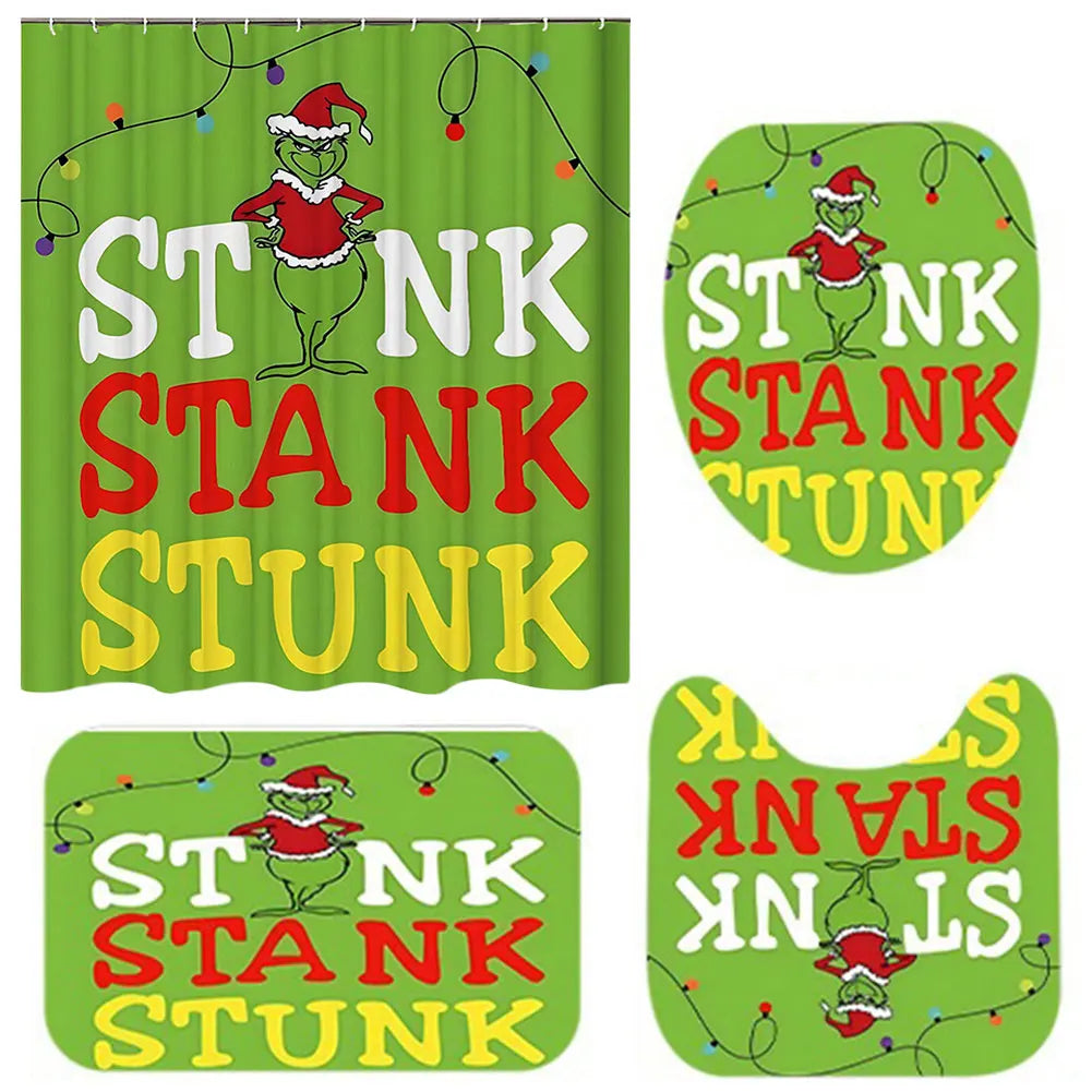 Christmas Snowman Shower Curtain Set With Green Bath Mat