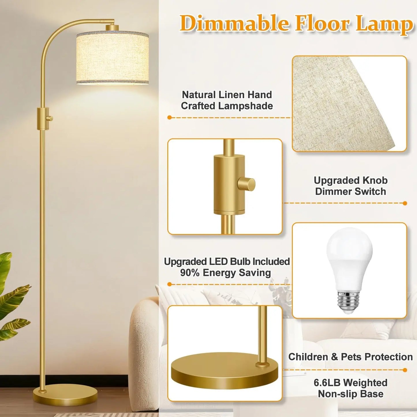 Modern Arc Dimmable Floor Lamp Linen Shade Gold Finish 1200 Lumens LED Bulb