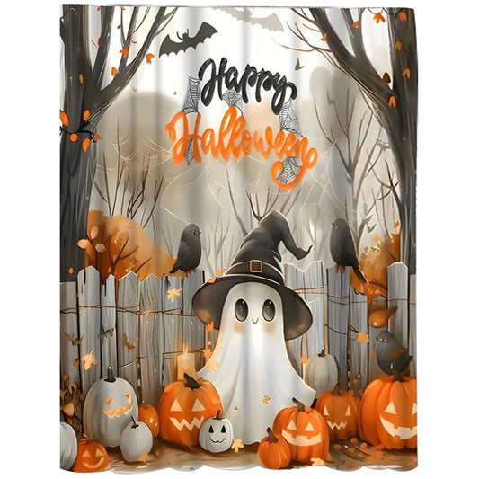 Cute Cartoon Ghost Shower Curtain Set Halloween Bath Decor