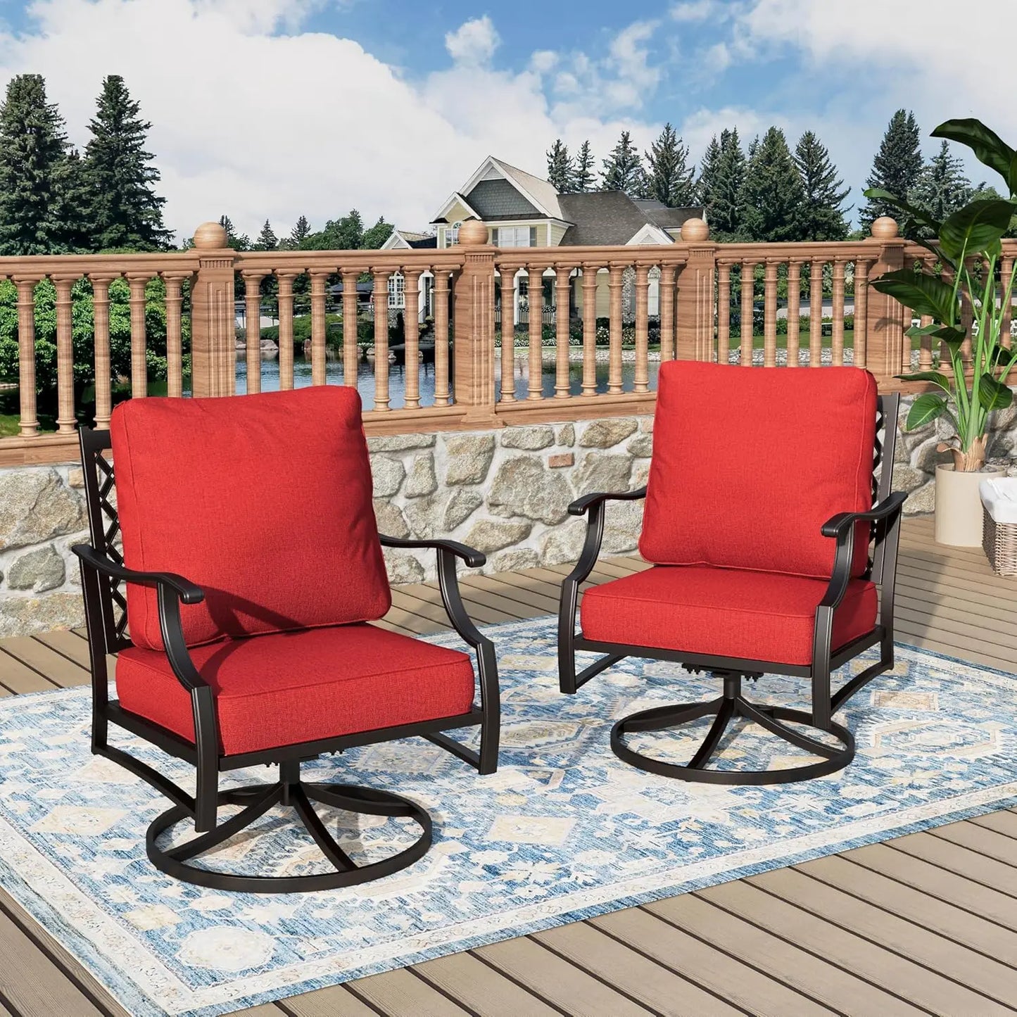 Set Of 2 Swivel Patio Chairs High Back Outdoor Metal Cushioned Bistro Seating
