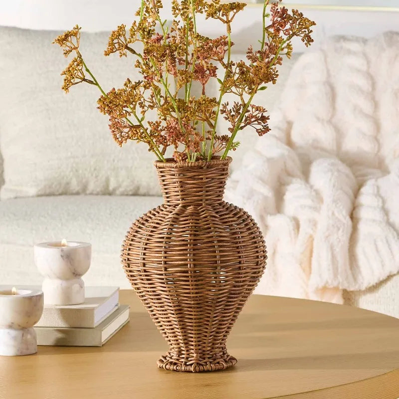 Woven Faux Rattan Indoor Vase 10 Inch Brown Bamboo And Wood Boho Home Decor