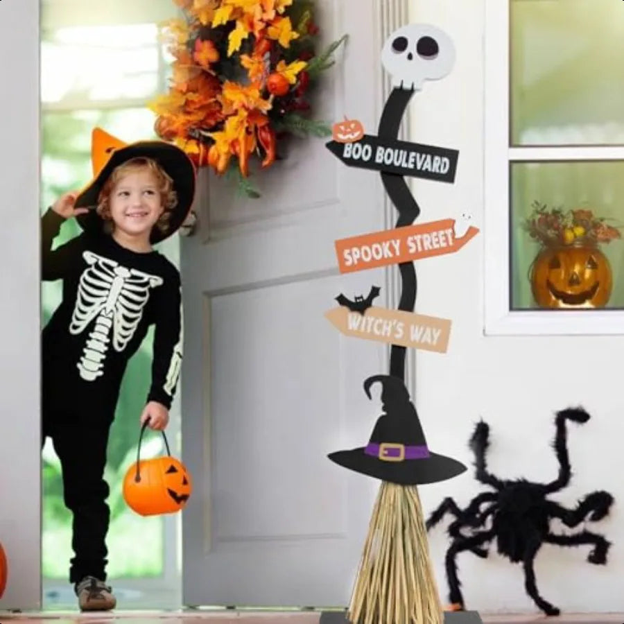 Lighted Halloween Wooden Witch Broom Indoor Outdoor Decor