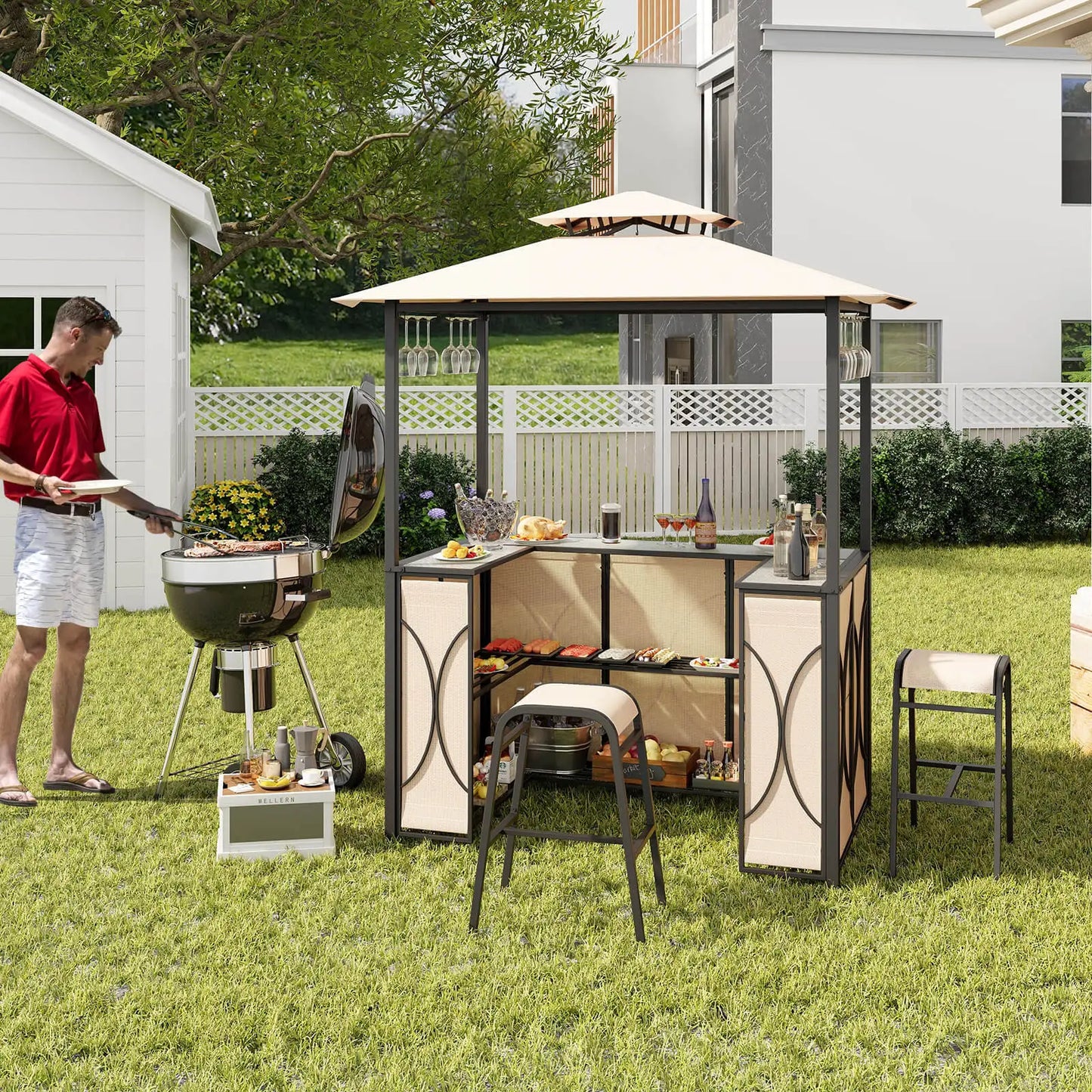 3 Piece Patio Bar Set Tempered Glass Bar Table And Metal Storage Shelves Brown