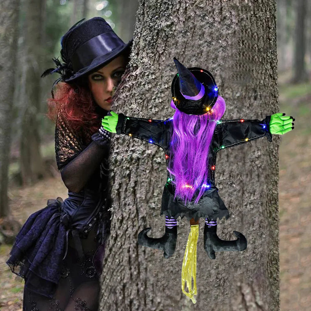 Halloween Crashing Witch Into Tree Outdoor Decoration With Light Flying Witch Lawn Patio Garden Decor
