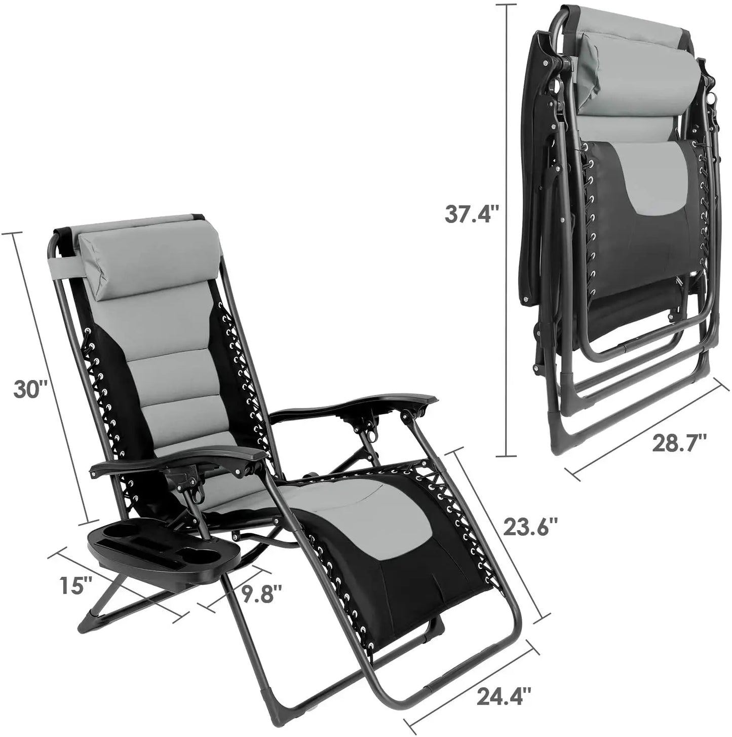 Padded Zero Gravity Lounge Chair Folding Patio Recliner with Adjustable Headrest and Cup Holder Support 160kg Sun Loungers