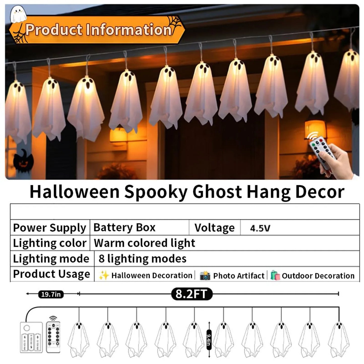 Halloween Decorations Hanging Ghosts 10pcs Spooky Ghosts String Lights for Front Yard Patio Garden Party Porch Decor