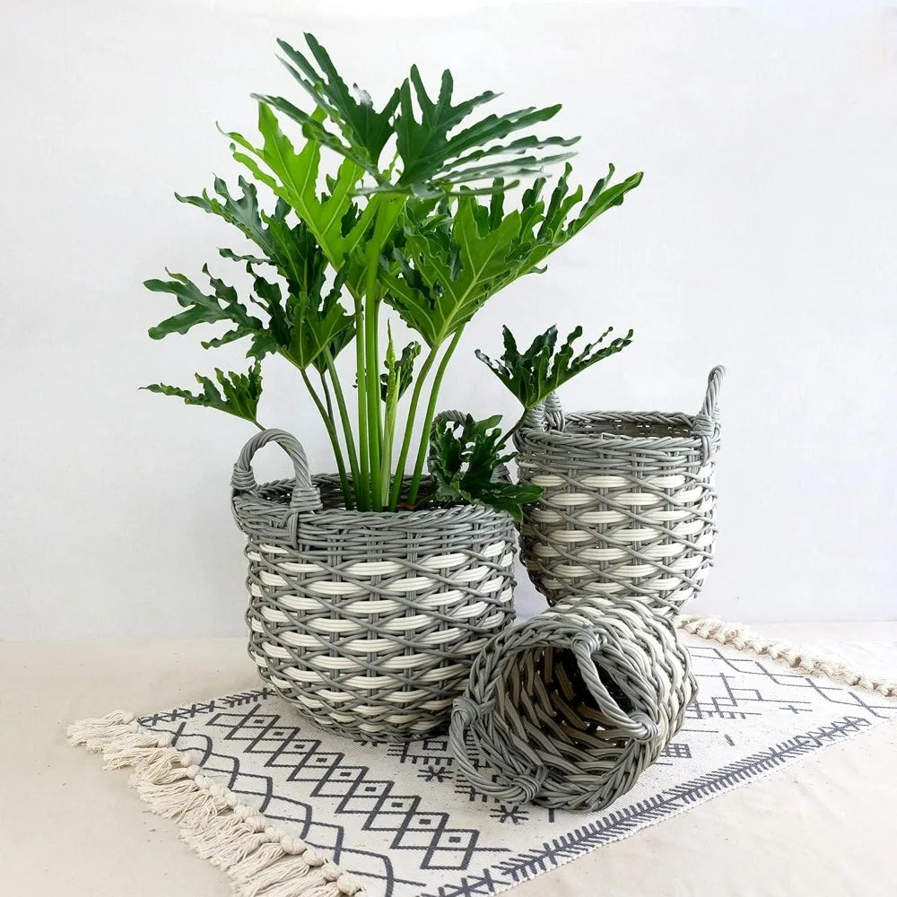 3 Pack Hand Woven Wicker Baskets With Handles Gray Beige
