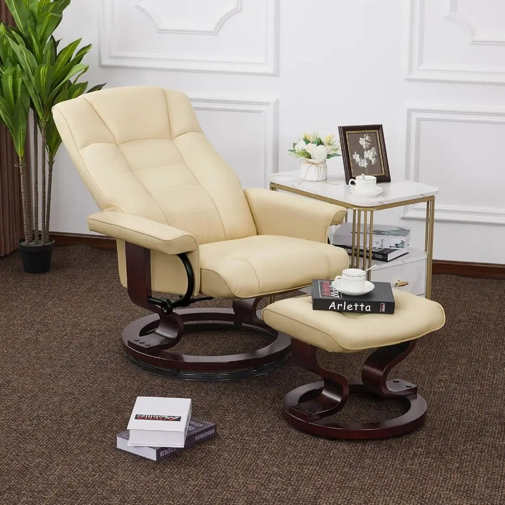 Recliner With Ottoman Set For Small Spaces Cream White Faux Leather
