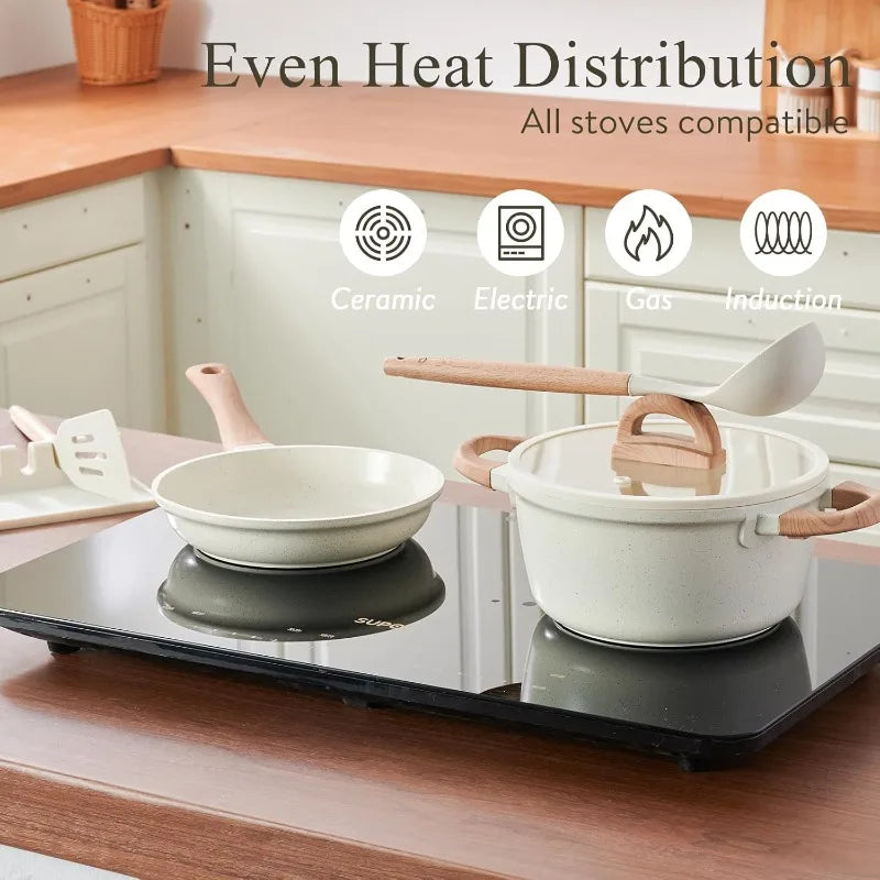 22 Pcs Non Stick Non Toxic Ceramic Cookware Set with Lids Cream White Granite Induction Compatible Pots and Pans