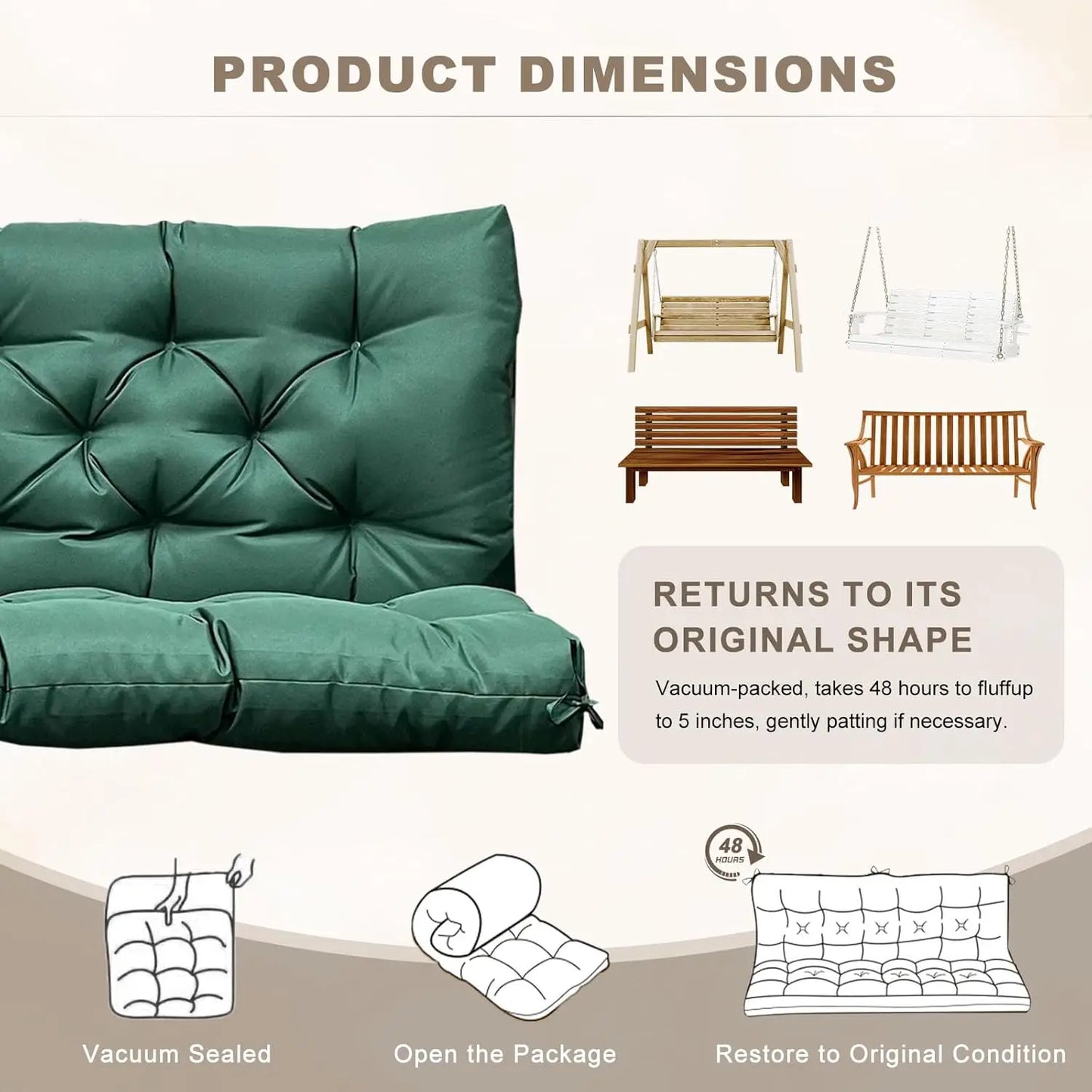 Waterproof Outdoor Swing Cushion With Backrest And Ties Dark Green 40x40 Patio