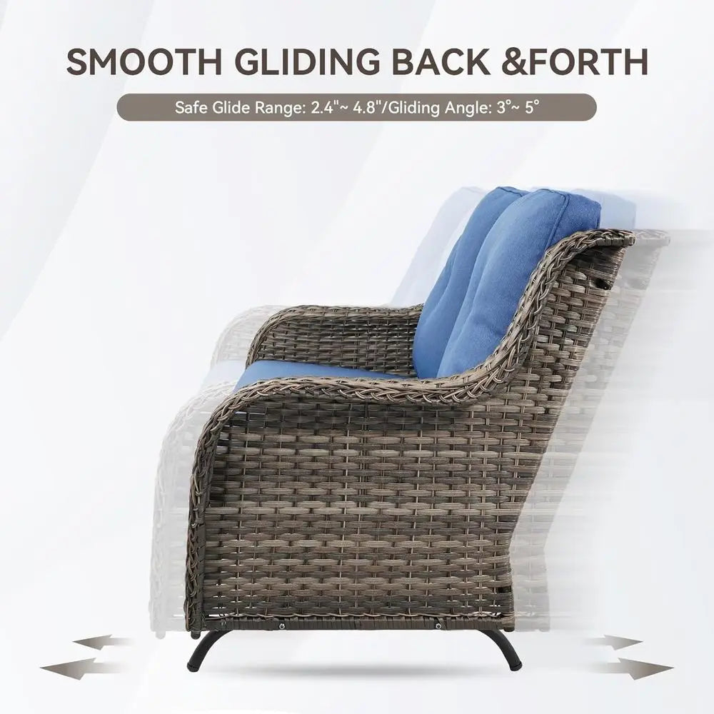 5-Piece Grey Wicker Patio Loveseat Glider Set with Blue Cushions and Swivel Chairs