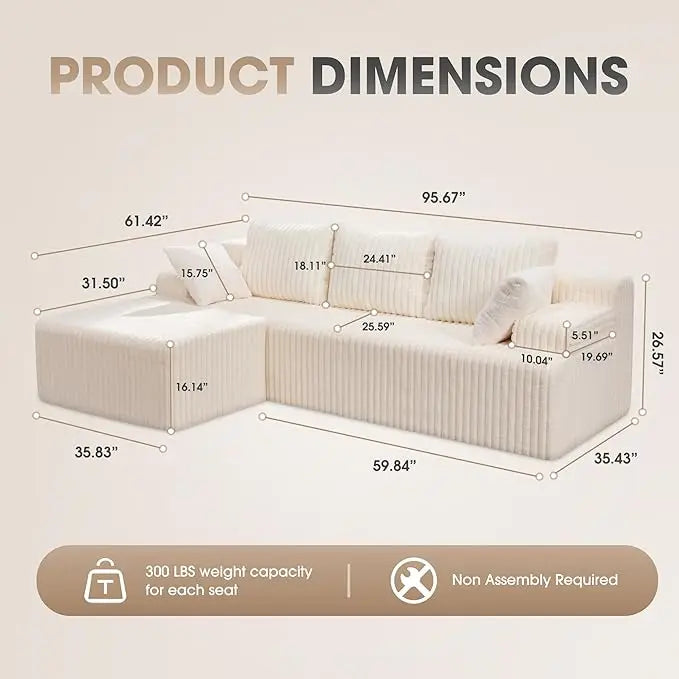 Modular L Shaped 3 Seat Sectional Sofa Memory Foam Storage