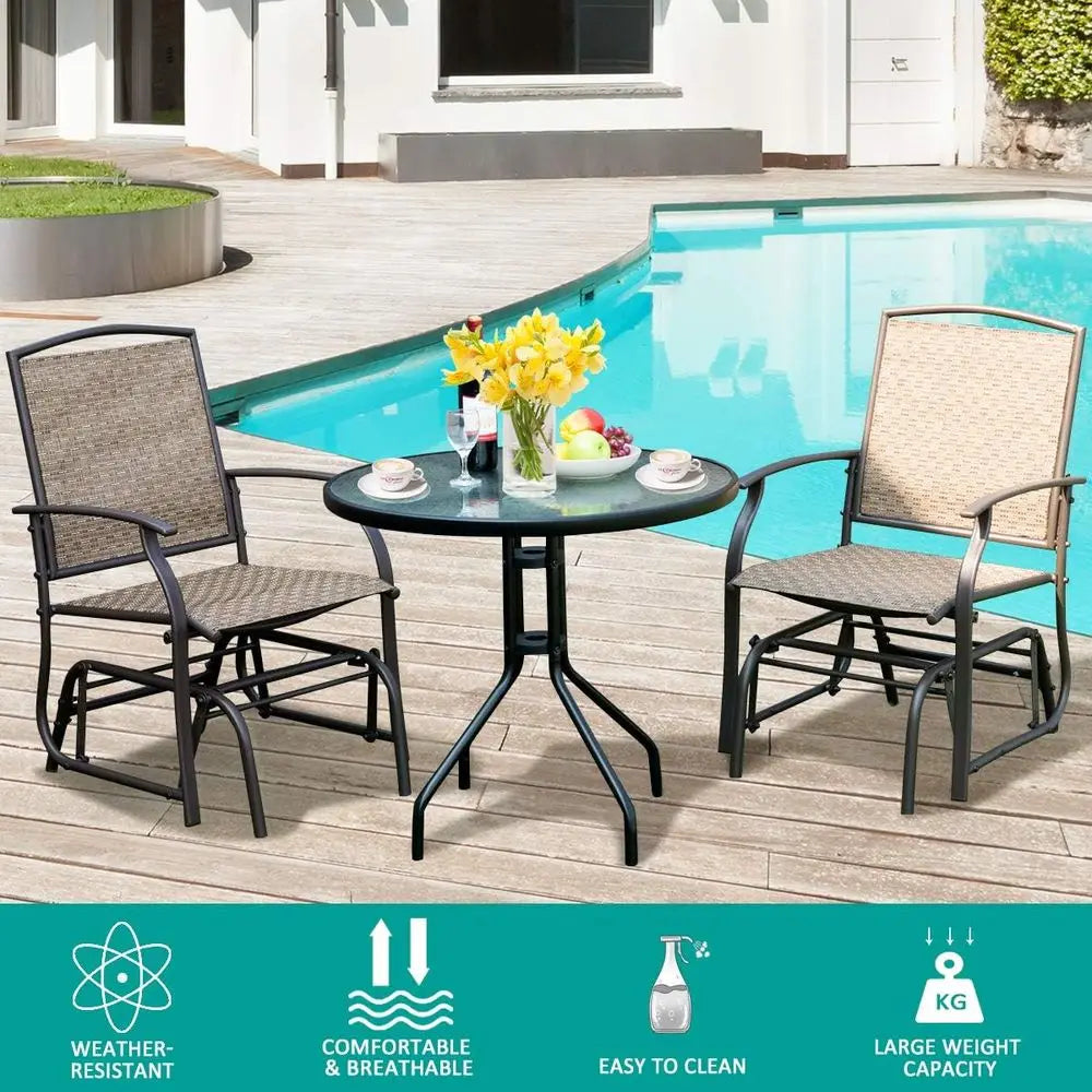 3 Piece Patio Swing Set With Glass Table Umbrella Hole And Rocking Chairs