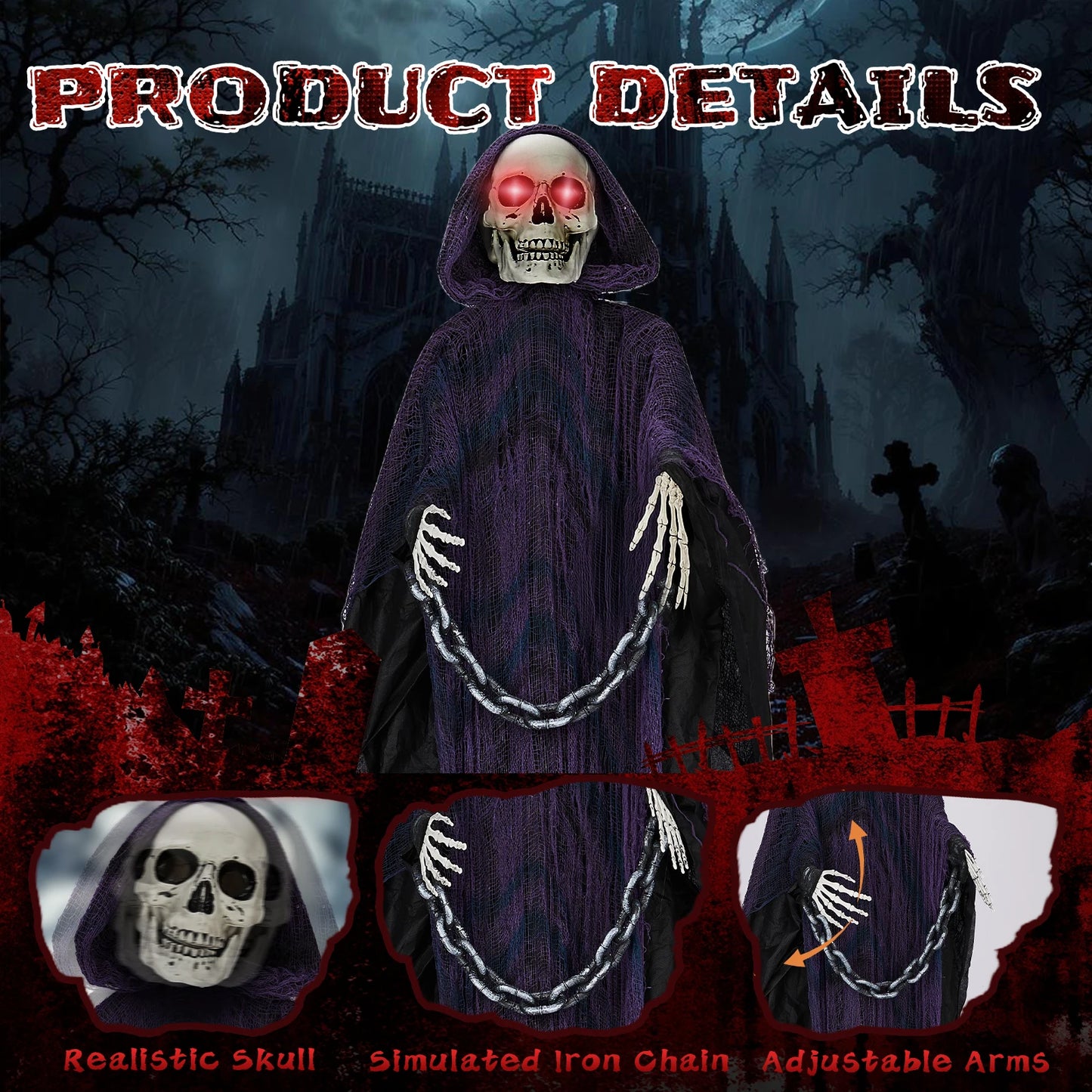 Life Size Grim Reaper Animatronic 6ft Decoration With Sound