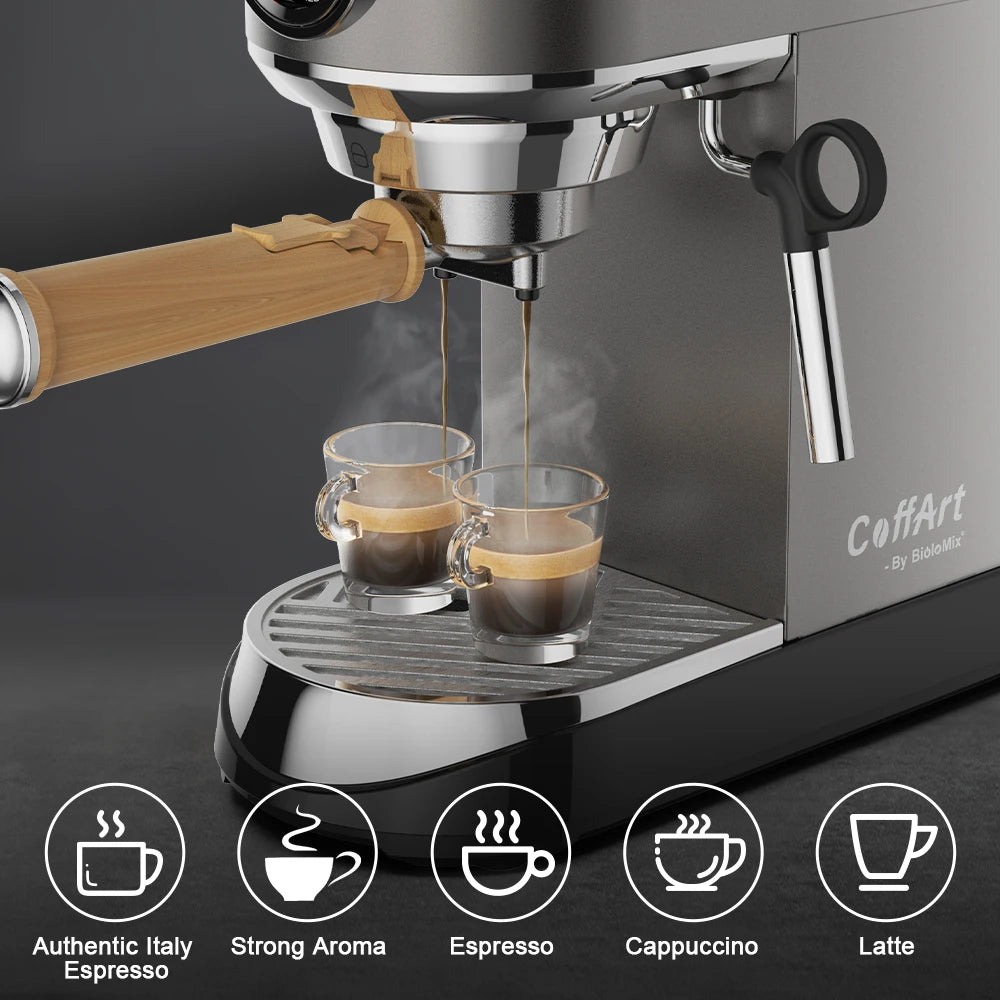 BioloMix 20 Bar Semi Automatic Powder Coffee Machine with Milk Steam Frother for Espresso Cappuccino Latte and Mocha