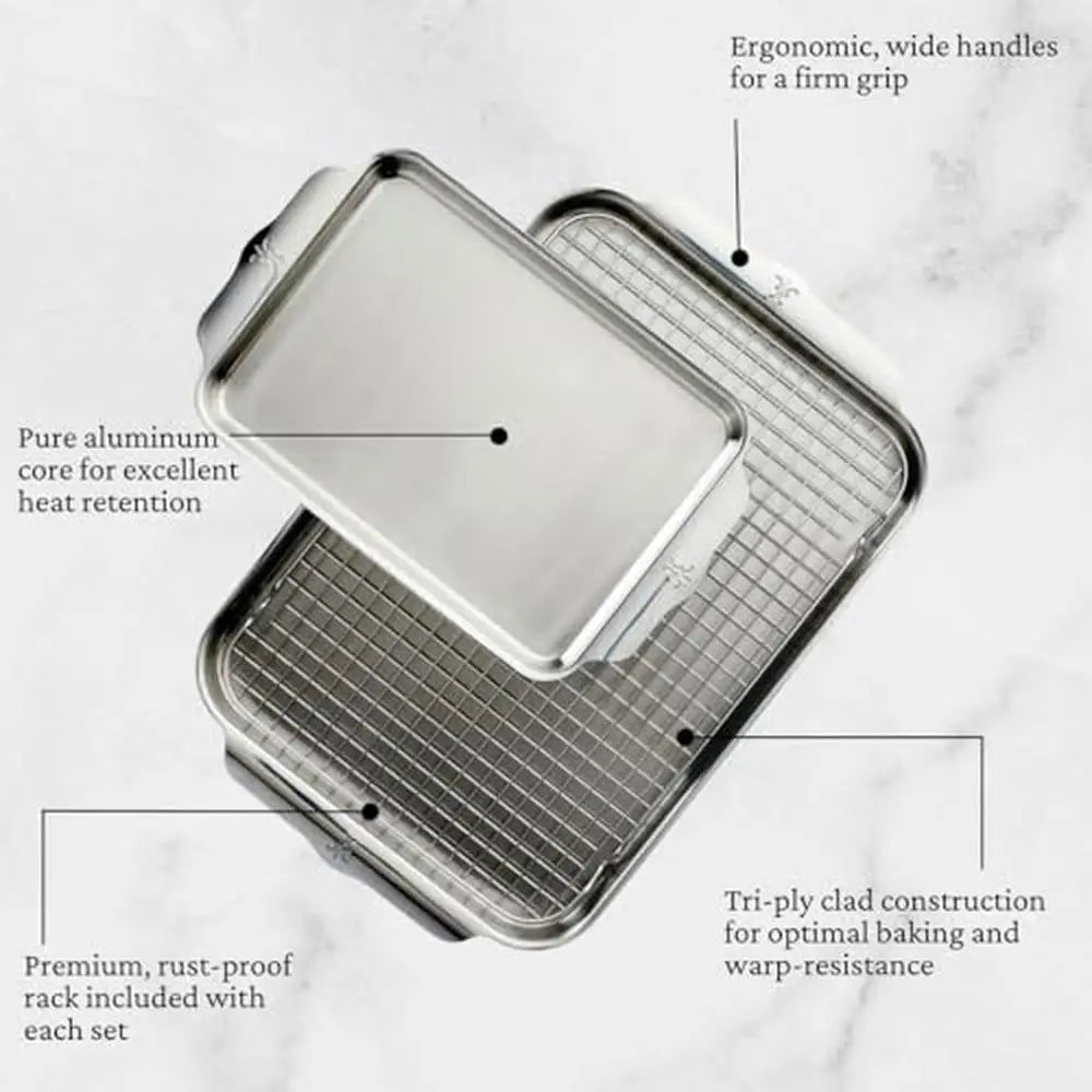 Stainless Steel Baking Sheet Set 5 Piece Ovenware Collection Triple Bonded Aluminum Core Brushed Surface Warp Resistant 18 Inch x 13 Inch