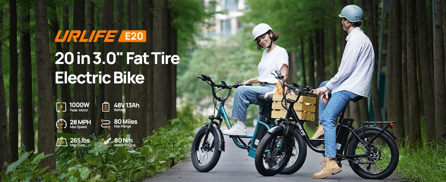 Urlife 1000W E20 Electric Bike 48V 13Ah Removable Battery Fat Tire 20x3 Brakes