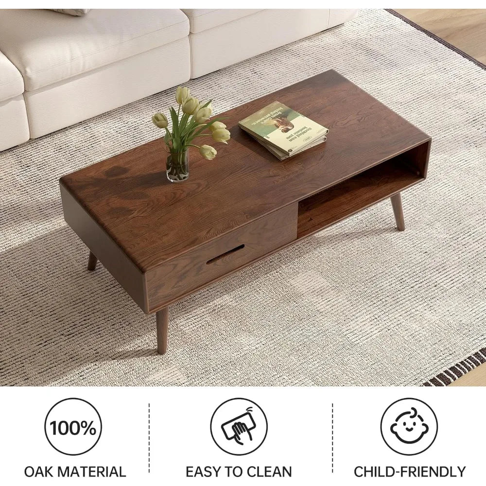 Solid Wood Coffee Table Storage Mid Century Modern 39in
