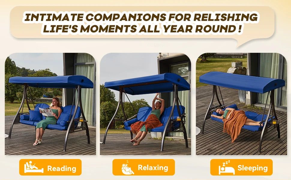 3 in 1 Outdoor Porch Swing With Adjustable Canopy 3-Seat Thick Cushions Pillows Cup Holders Heavy Duty Alloy Steel Frame 750 Lb Capacity