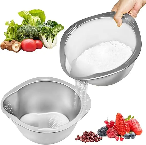 Stainless Steel Rice Washer Strainer Bowl With Side Drainers