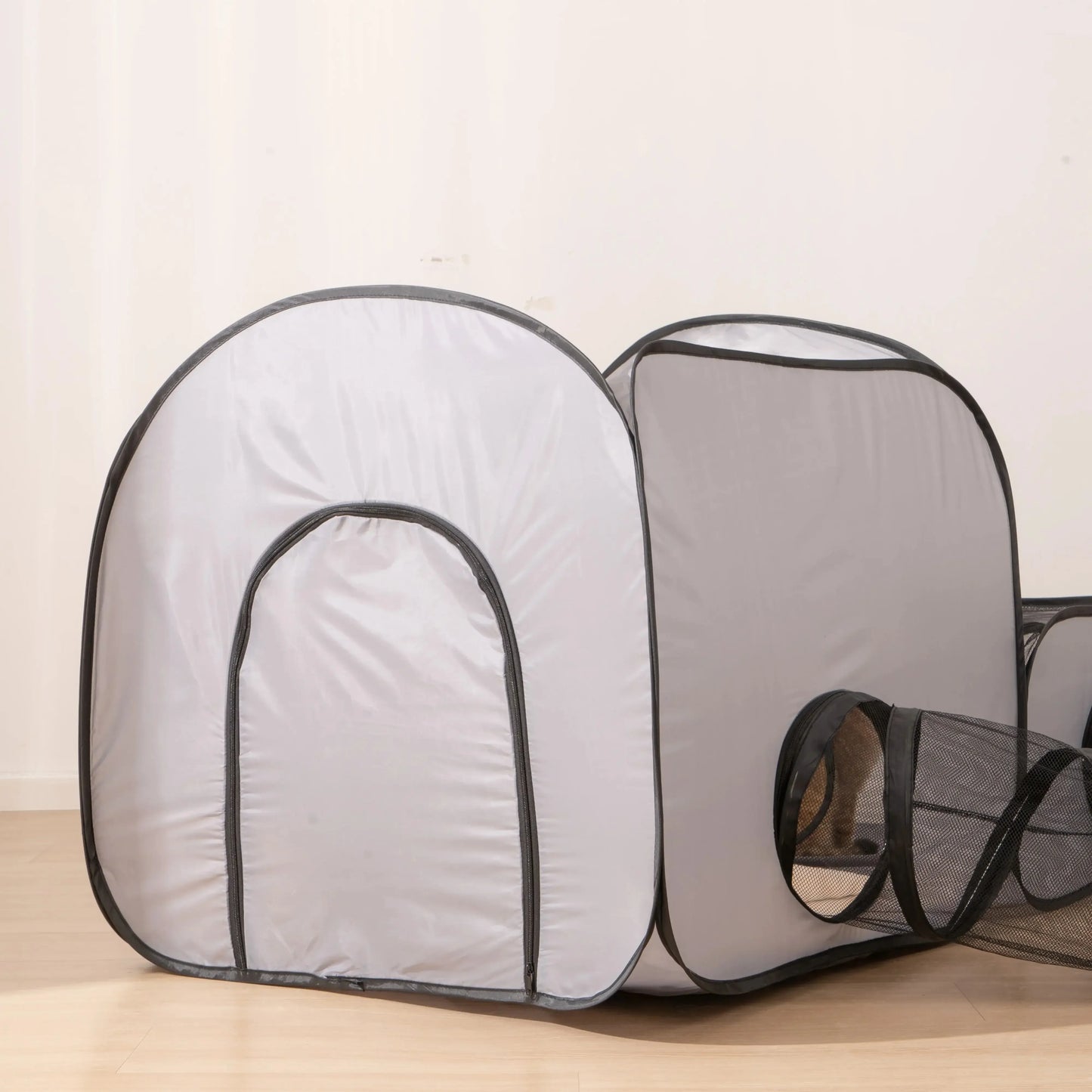 Square Gray Foldable Pet Bed Oxford Cloth Nest With Play Tunnel Cats And Dogs