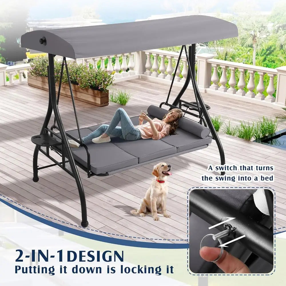 3 Person Outdoor Porch Swing With Stand Convertible Two In One Bed Cup Holder