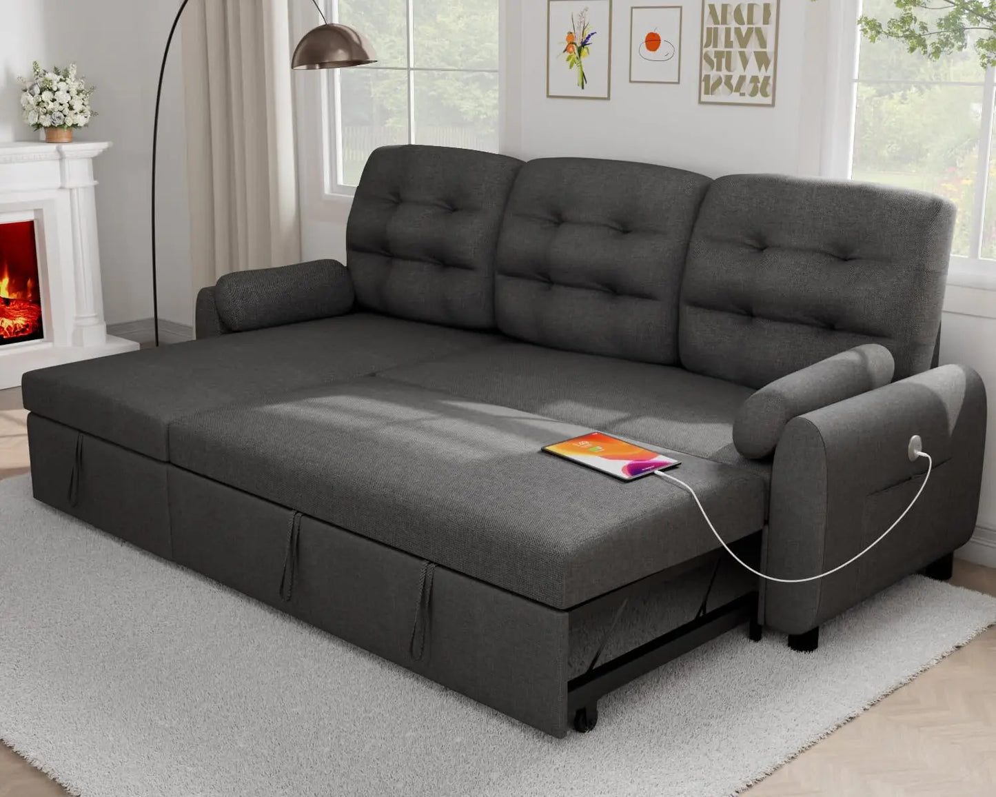 87 Inch Sleeper Sectional Sofa Bed With Storage Chaise