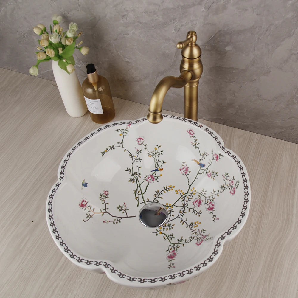ZAPPO Ceramic Sink Above Counter Round Petal Pattern Faucet
