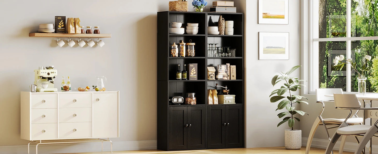 Casaottima Black 6 Tier Bookcase With Doors Floor Standing Home Office
