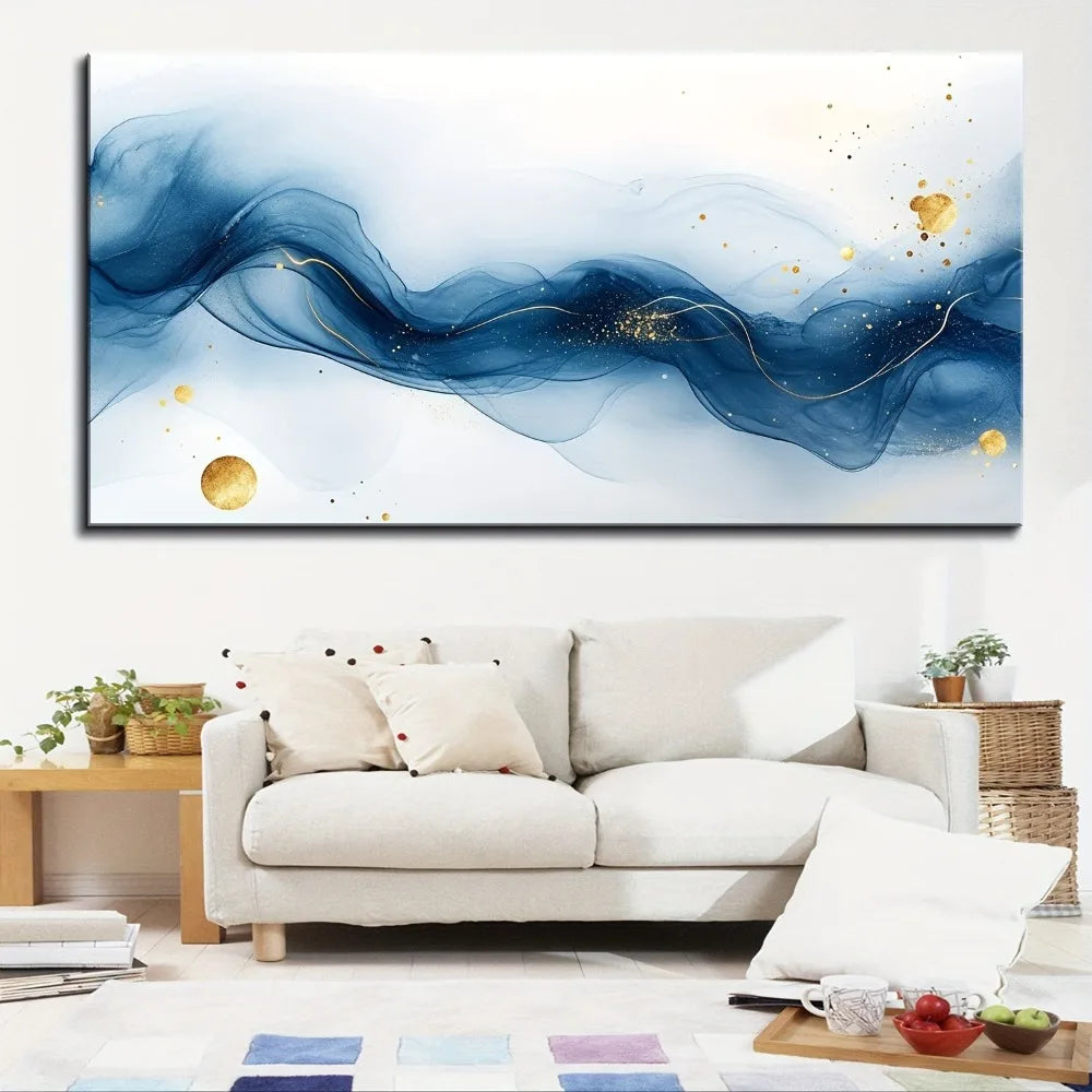 1.5 Inch Thick Pine Solid Wood Frame Large Abstract Gold and Blue Gradient Painting Living Room Wall Art Interior Decoration
