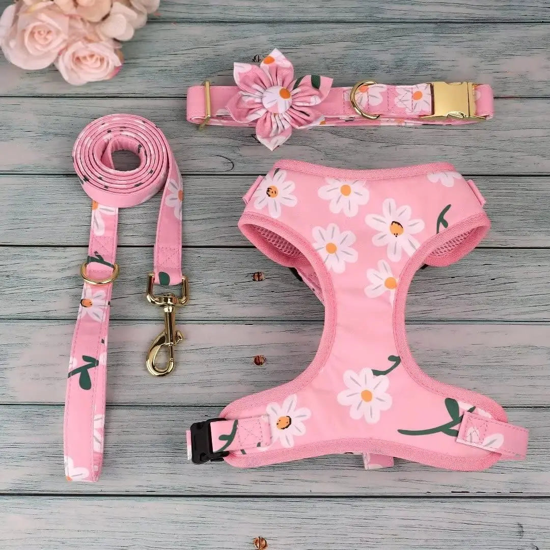 Flower Dog Collar Harness And Leash Set Adjustable Pink Mesh Vest
