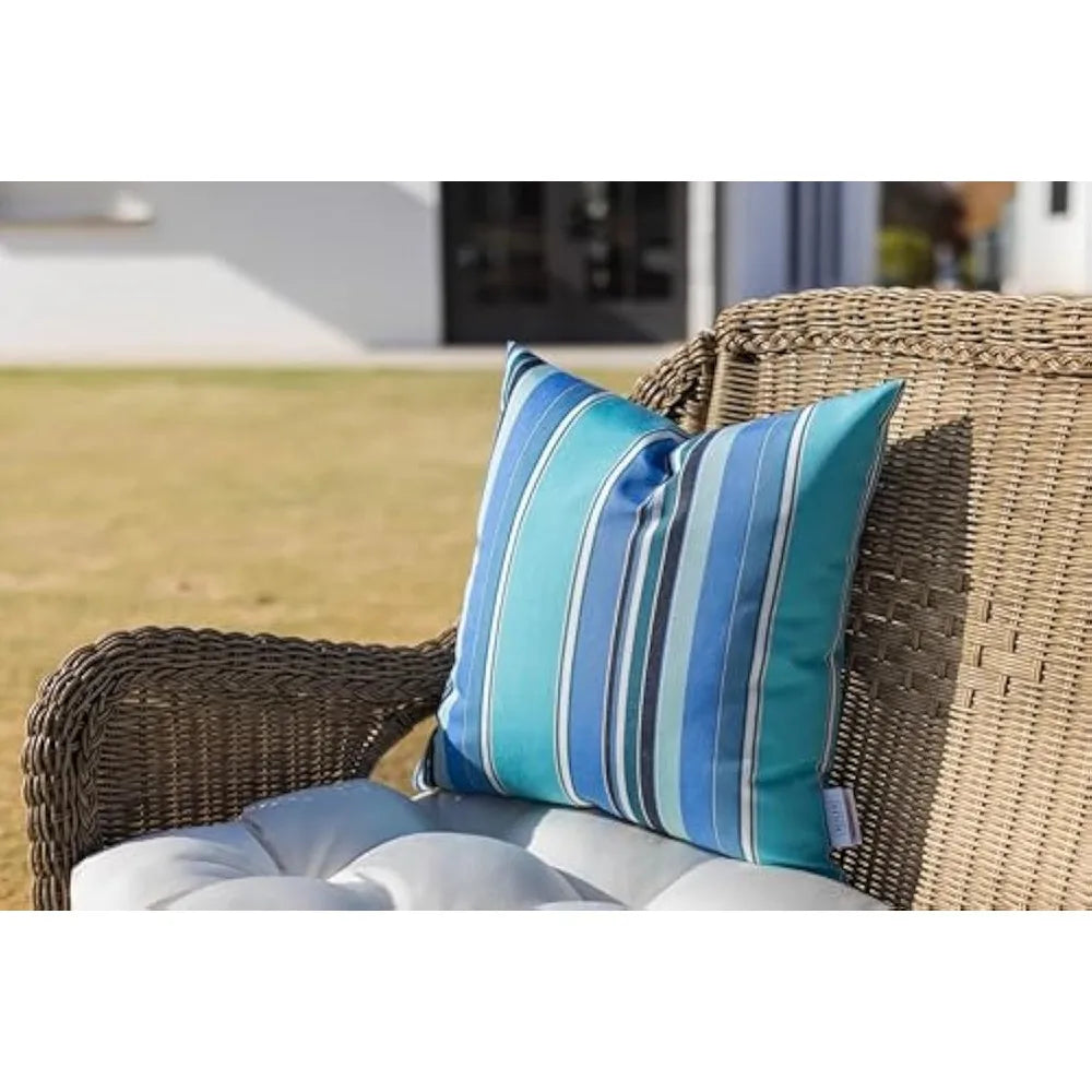 Set of 2 Dolce Oasis Blue Teal Navy White Stripe Indoor Outdoor Square Throw Pillows 24 x 24