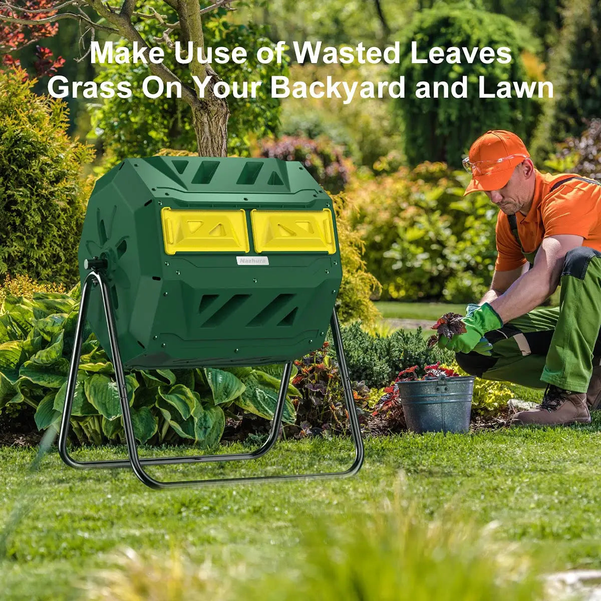 Compost Tumbler Bin Composter Dual Chamber 43 Gallon (Bundled with Gardening Gloves), Customized