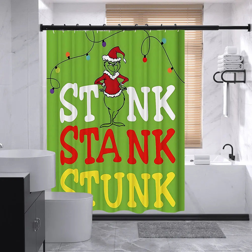 Christmas Snowman Shower Curtain Set With Green Bath Mat