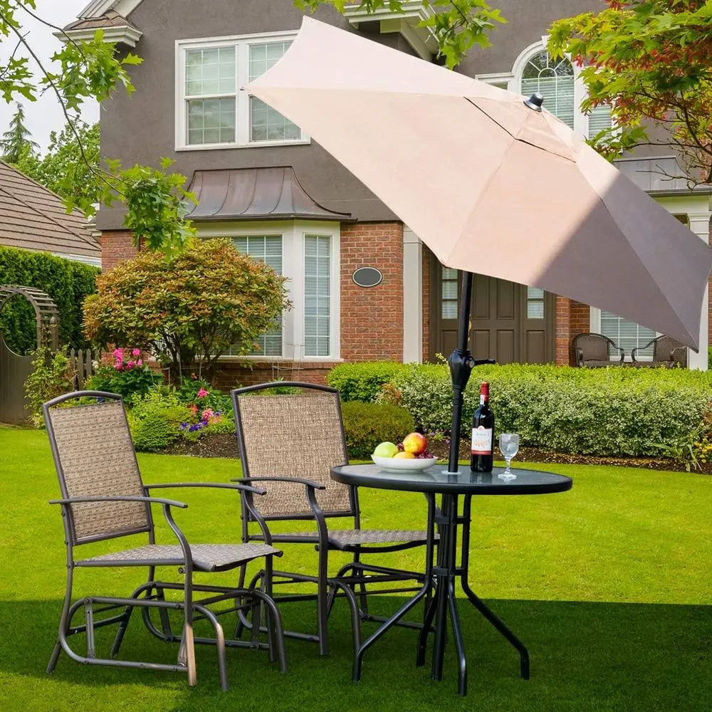 3 Piece Patio Swing Set With Glass Table Umbrella Hole And Rocking Chairs