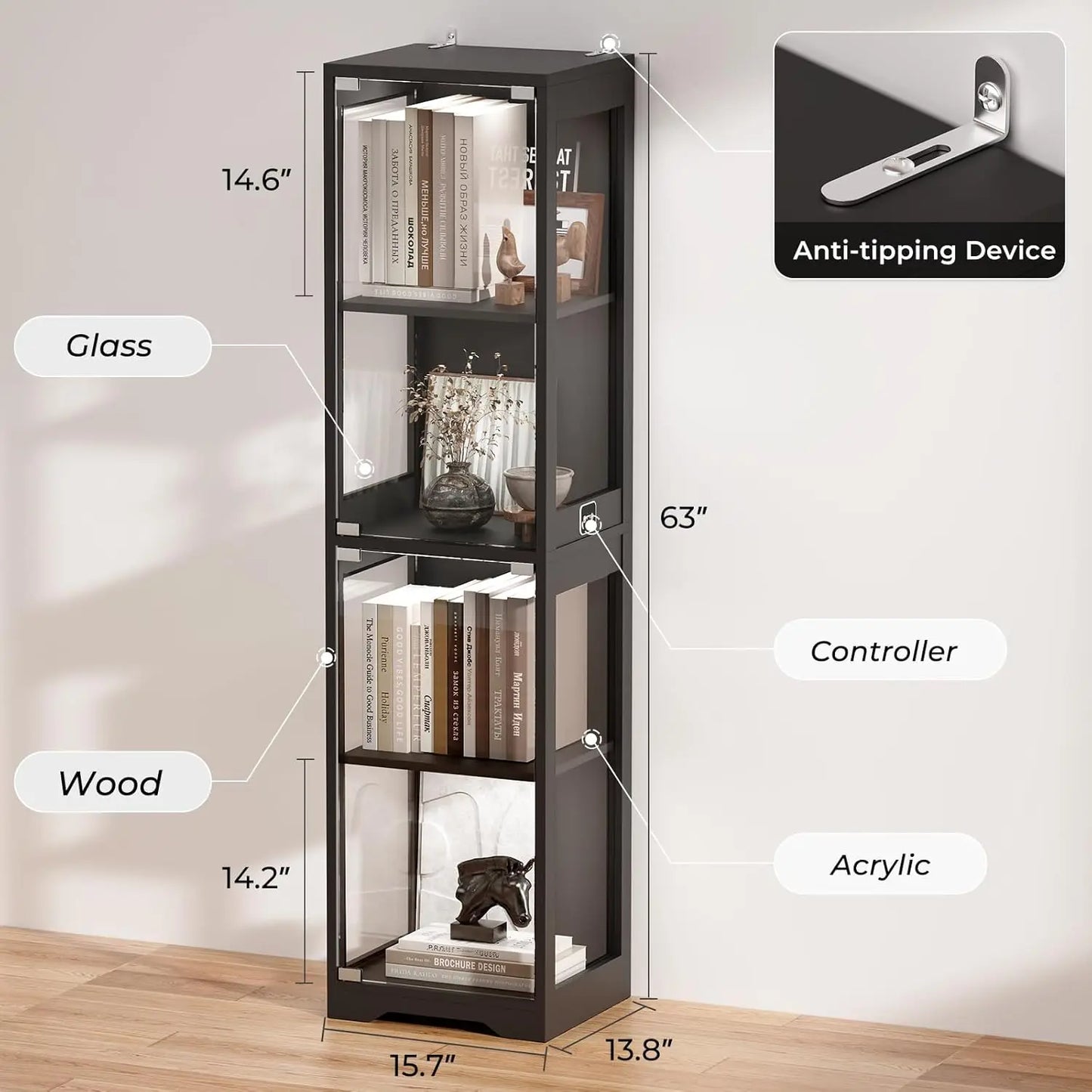 4-Tier Glass Display Cabinet With Adjustable LED Lights And Sensor Black