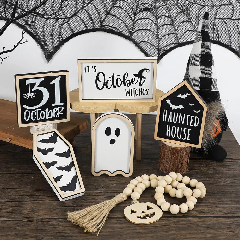 6Pcs Bat Coffin Ghost Wooden Sign Halloween Theme Party Home Decor Tiered Tray Decoration
