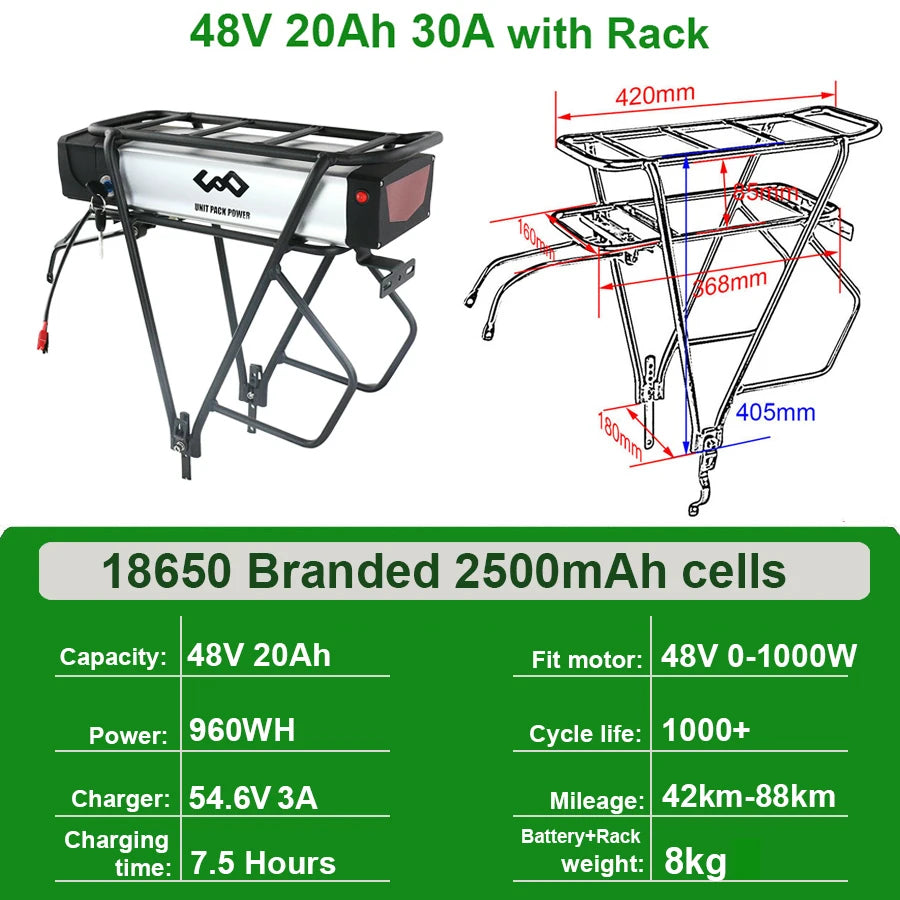 Rear Rack EBike Battery 52V 48V 27Ah 24 28 Inch Optional