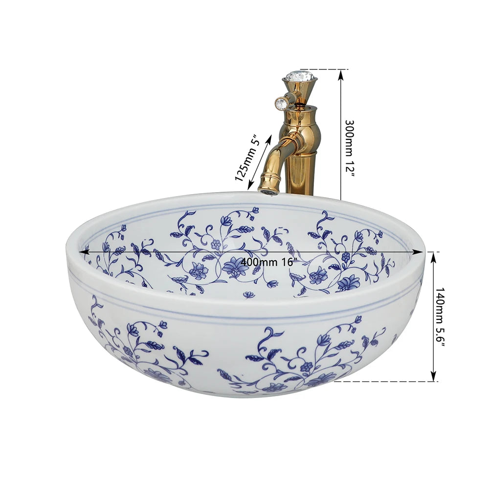 Hand Painted Ceramic Round Bathroom Basin Sink With Faucet