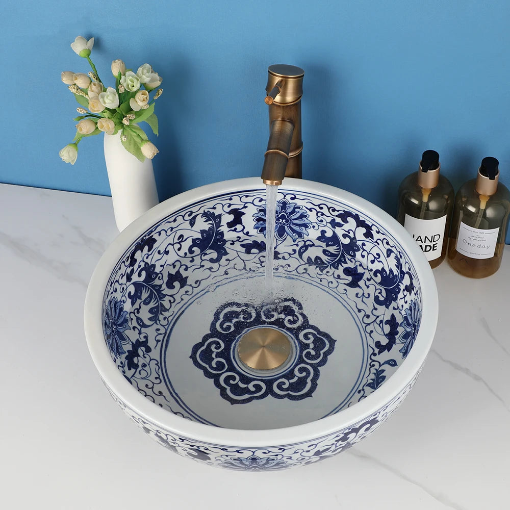 Ceramic Bathroom Vessel Sink And Polished Gold Faucet Combo