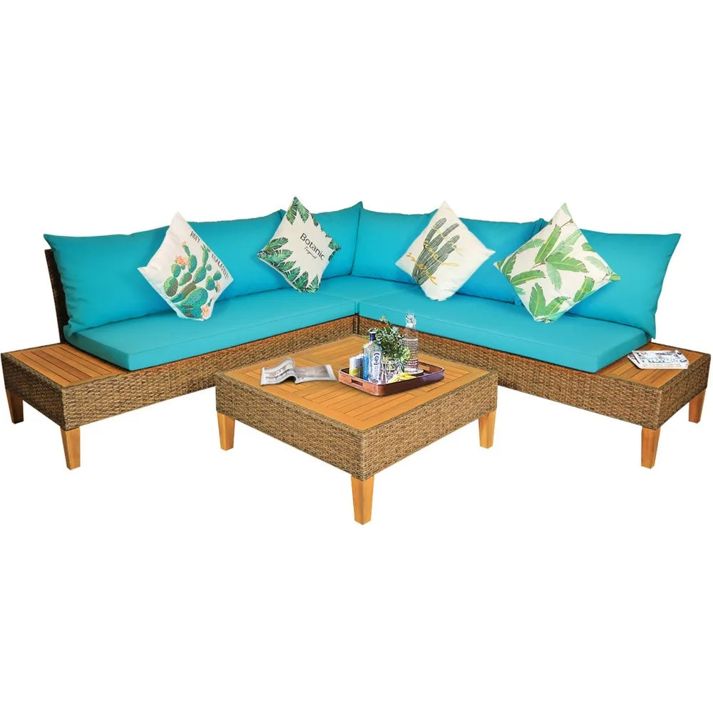 4 Piece Rattan Patio Sofa Set With Turquoise Cushions Outdoor Furniture