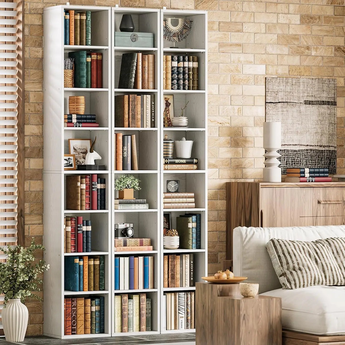 Eight Tier Tall Narrow Corner Bookshelf For Living Room Office Study White