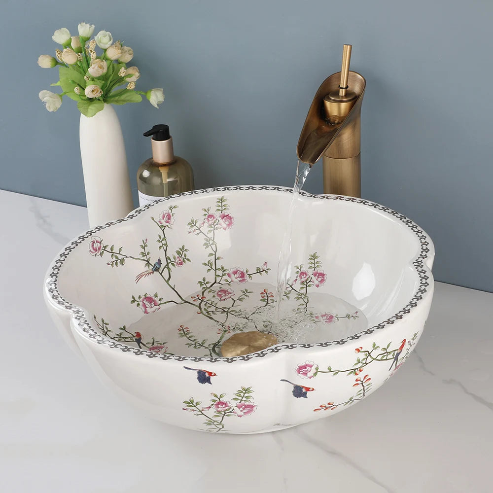 Jieni Art Ceramic Basin Set Blossoms Spring Brass Tap