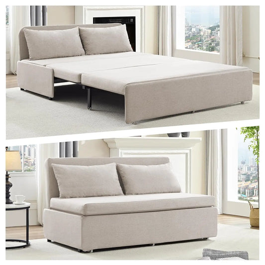 Queen Size Pull Out Sofa Bed Linen Convertible Couch With 2 Pillows For Guests