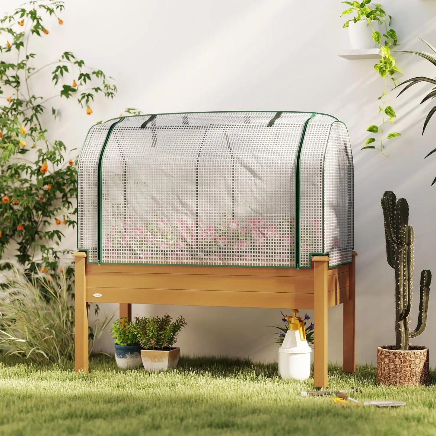 Raised Garden Bed With PE Greenhouse Cover Outdoor Elevated Planter Box