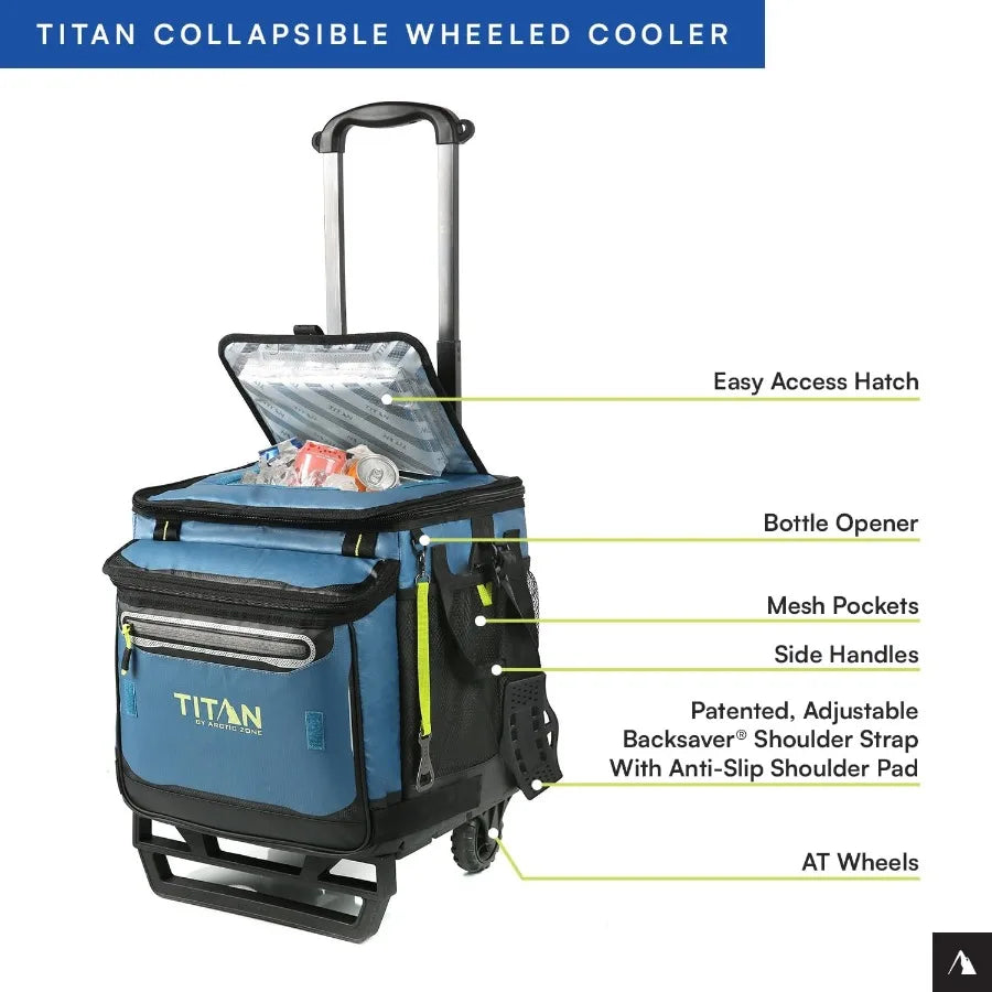 Titan Deep Freeze 60 50 Plus 10 Can Wheeled Cooler Collapsible All Terrain Cart