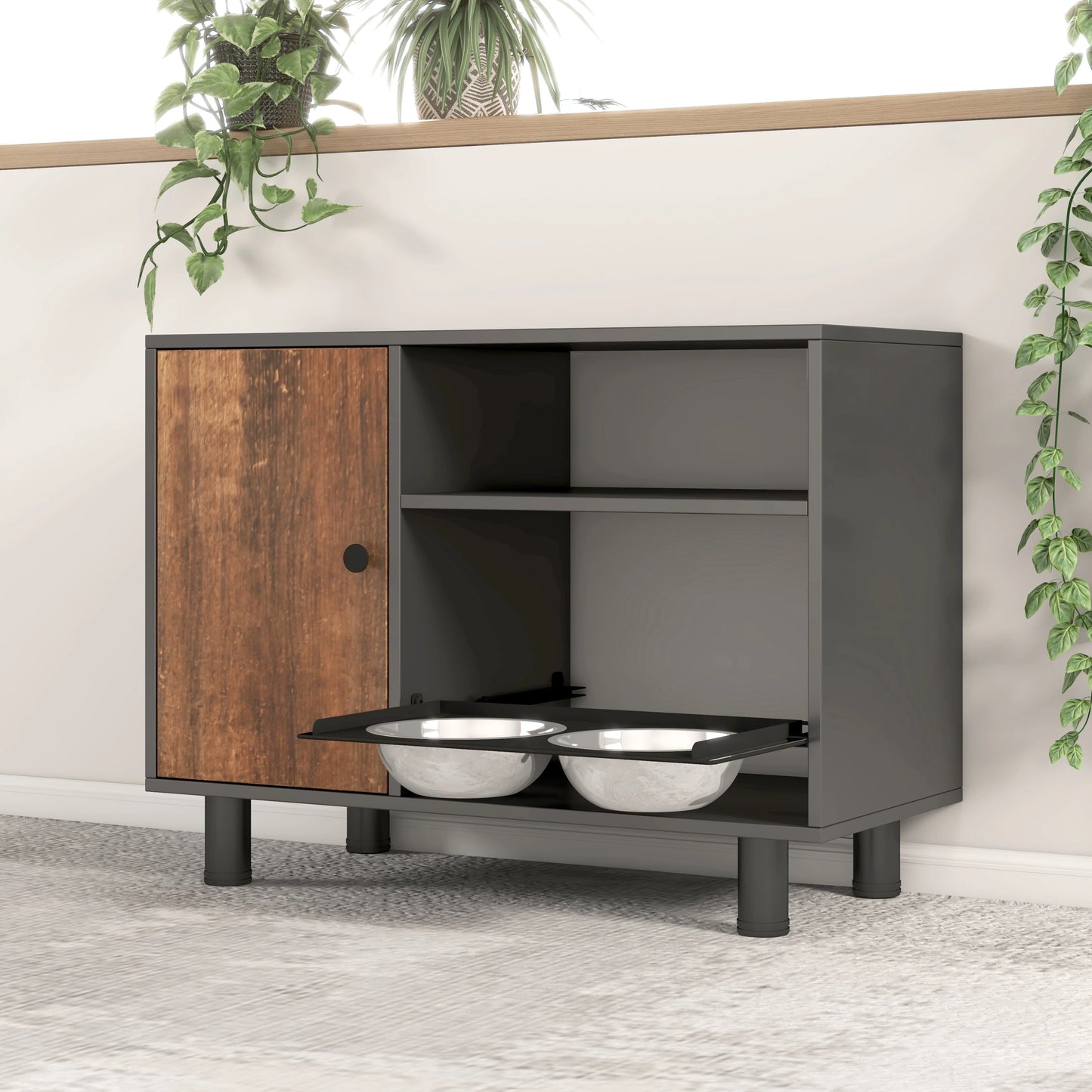 Wooden Pet Feeding Table With Food Storage Cabinet And Double Pullout Bowls