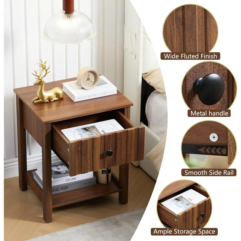 Wood Nightstand With Drawer Mid Century Bedside Table