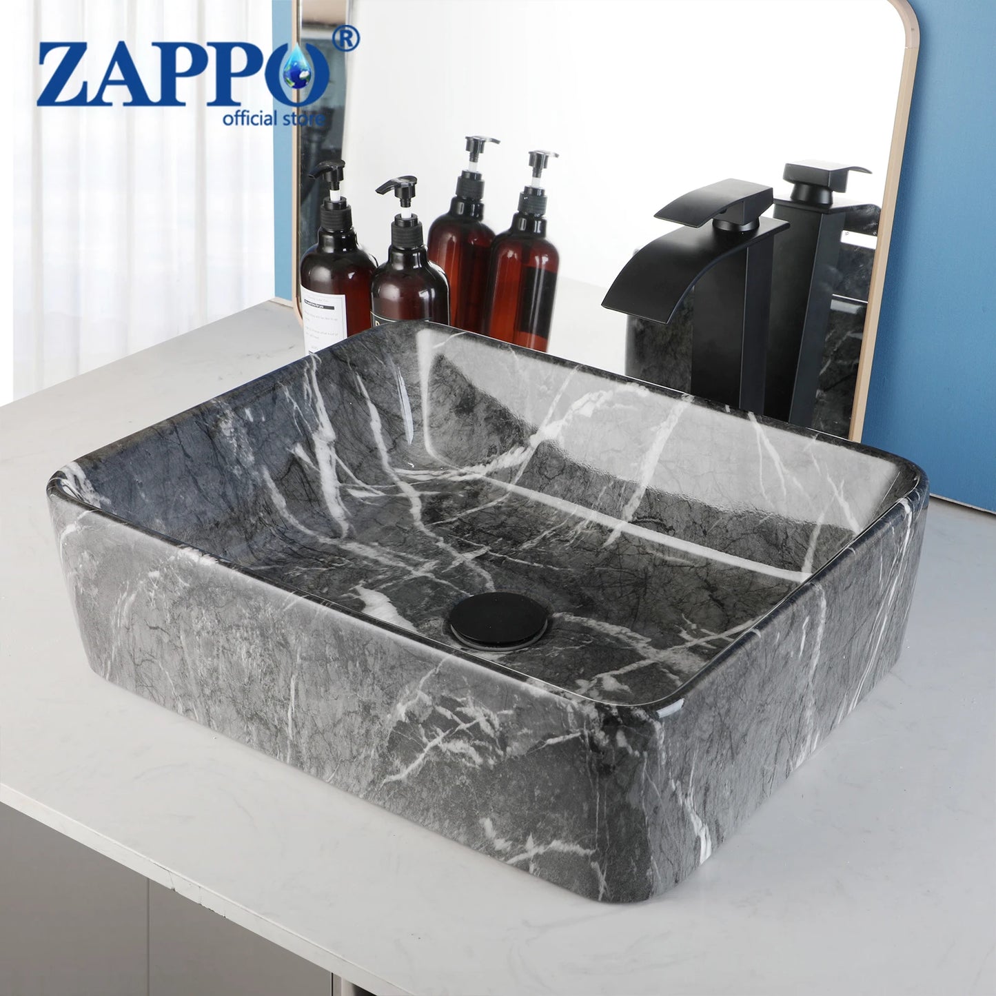 ZAPPO Black Rectangular Vessel Sink with Faucet and Drain
